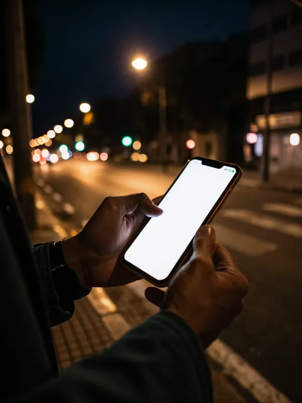 Sfeerbeeld (AI): handen met een telefoon op straat 's avonds